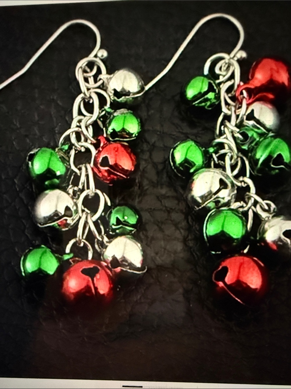 Festive Red Green Silver Jingle Bell Drop Earrings
